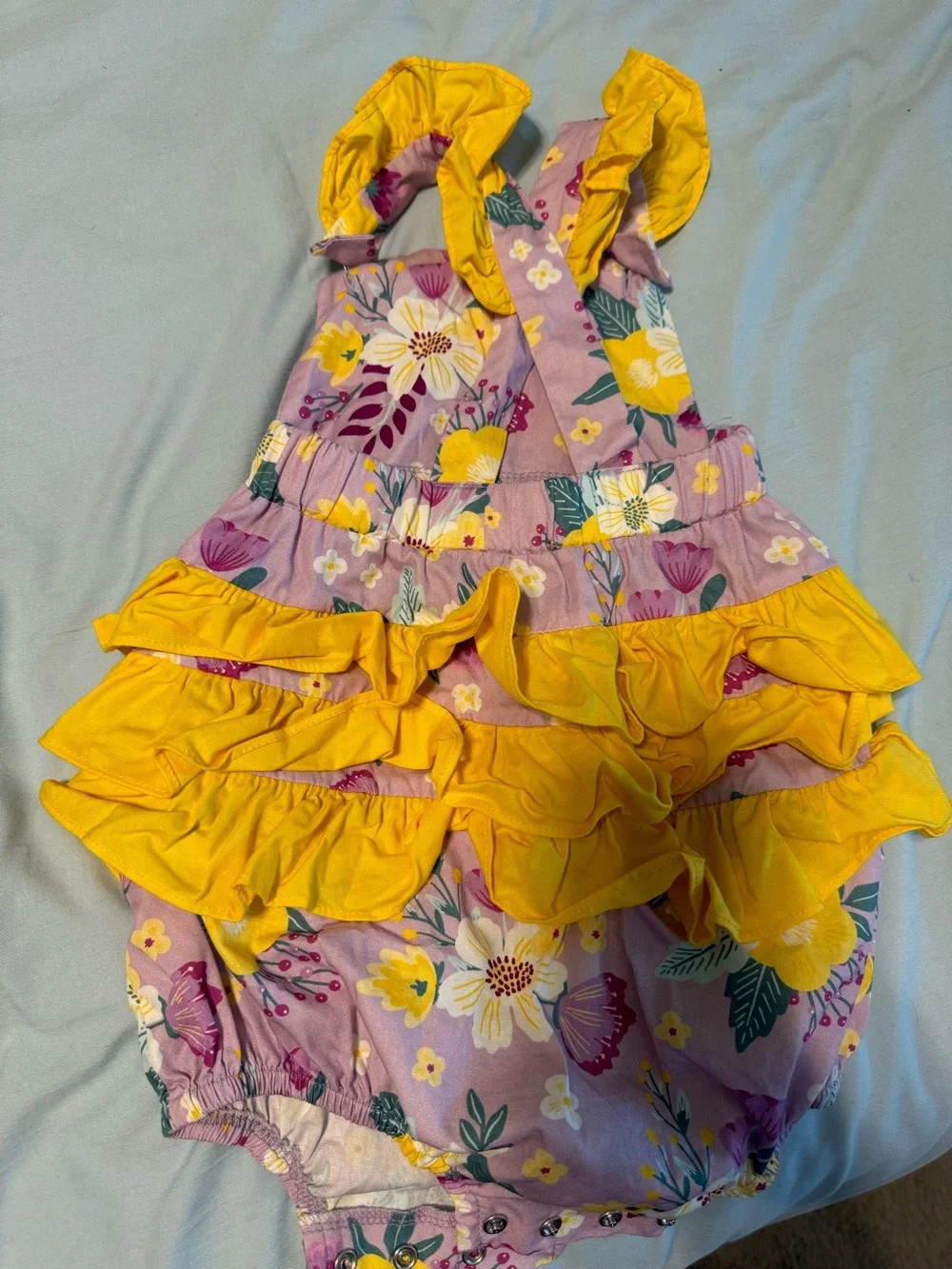 Ricrac & Ruffles - Floral Ruffle Baby Romper in Lavender and Yellow